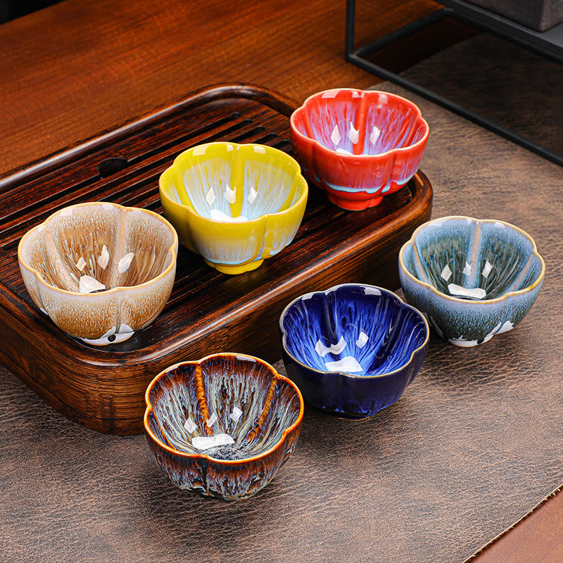 Nimara Ritual 6Pcs Plum Blossom Petal Pattern Chinese Jianzhan Kiln Change Ceramic Teacup Kung Fu Tea Cup Bowl With Gift Box