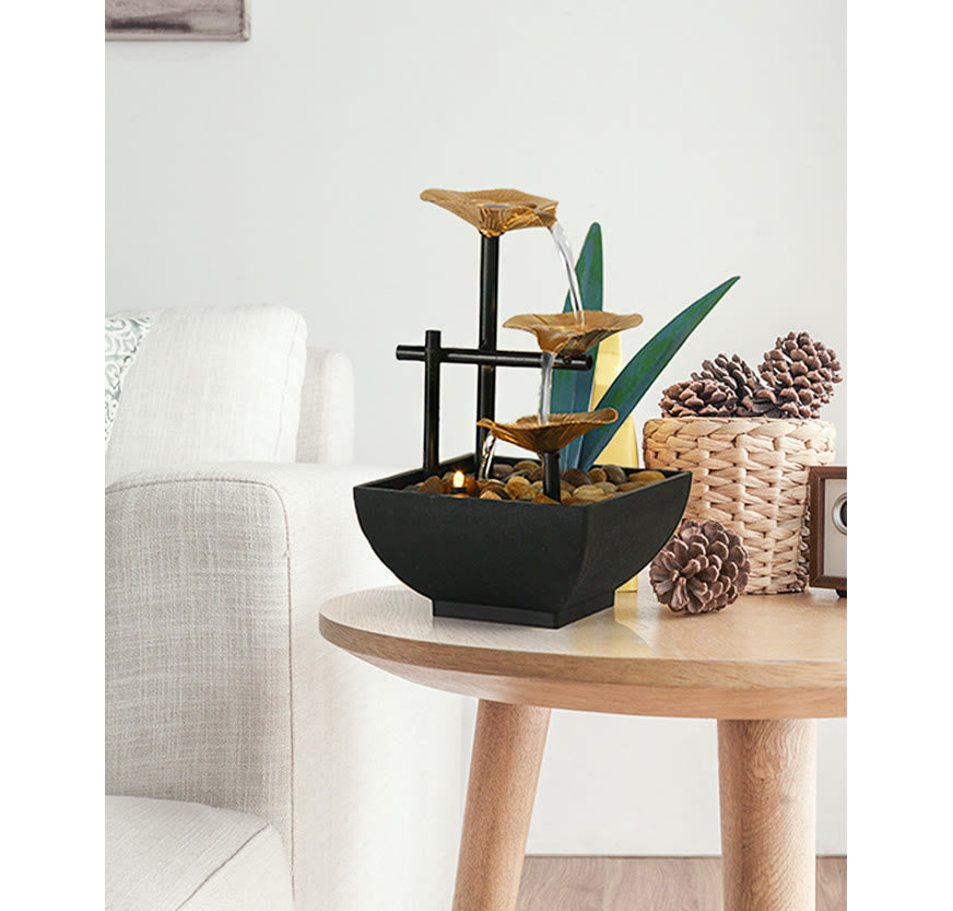 Nimara Ritual Three Layers Waterfall Fountain Tabletop Lotus Ornaments With River Rocks Desktop Decoration