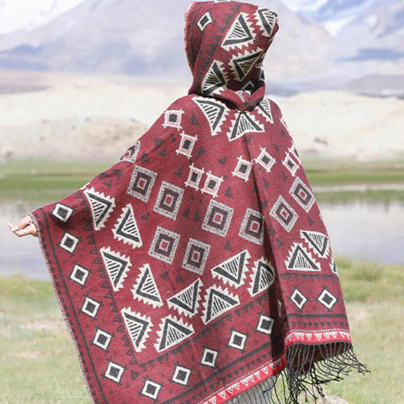 Nimara Ritual Tibetan Shawl Triangle Pattern Hooded Cloak Winter Cozy Travel Scarf Wrap