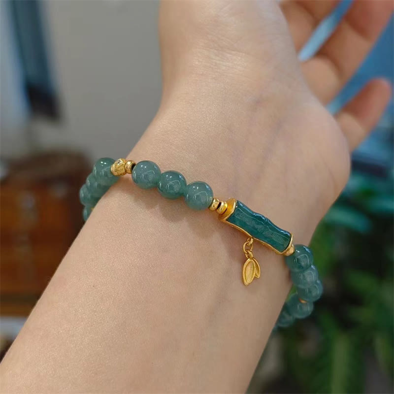 Nimara Ritual 925 Sterling Silver Plated Gold Natural Green Jade Bamboo Charm Luck Bracelet