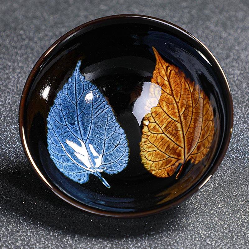 Nimara Ritual Gold Maple Leaf Chinese Jianzhan Ceramic Teacup Tenmoku Kung Fu Tea Cup Bowl