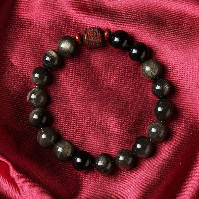 Nimara Ritual Natural Gold Sheen Obsidian Rainbow Obsidian Om Mani Padme Hum Fu Character Healing Bracelet