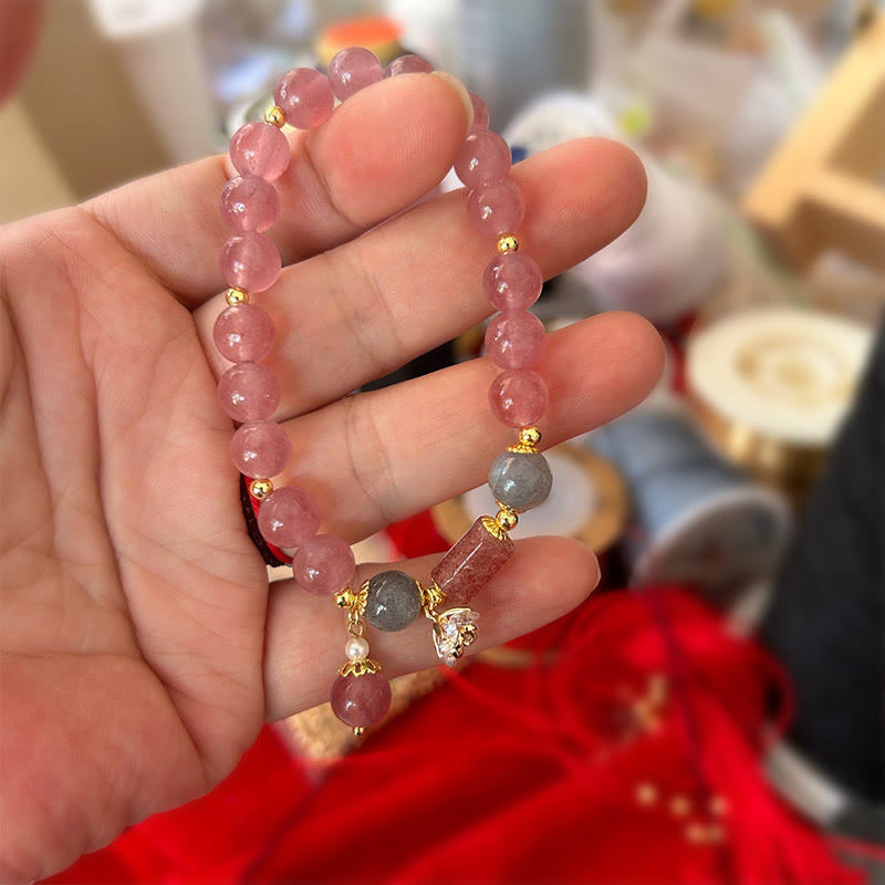 Nimara Ritual Natural Strawberry Quartz Zircon Flower Positive Charm Bracelet