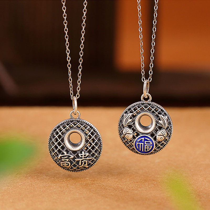 Nimara Ritual 999 Sterling Silver Koi Fish Fu Character Lotus Peace Buckle Wealth Necklace Pendant