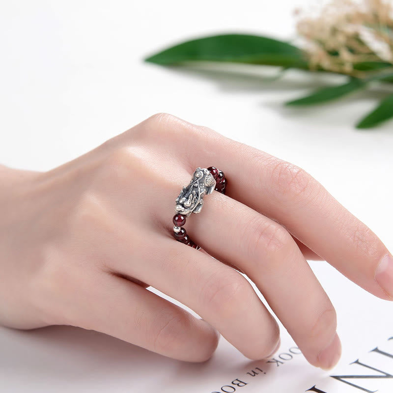 Nimara Ritual 925 Sterling Silver Natural Garnet Moonstone Red Agate PiXiu Wealth Ring
