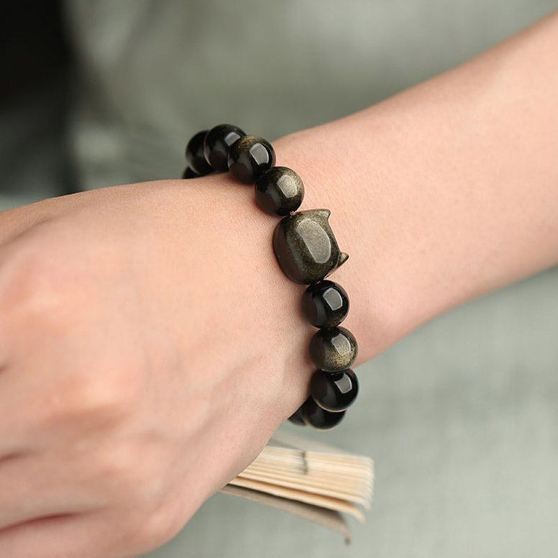 Nimara Ritual Gold Sheen Obsidian Silver Sheen Obsidian Lovely Paw Lucky Cat Protection Bracelet