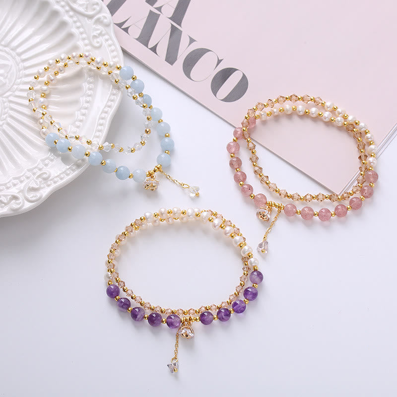 Nimara Ritual Natural Amethyst Aquamarine Strawberry Quartz Pearl Peace Healing Double Wrap Bracelet