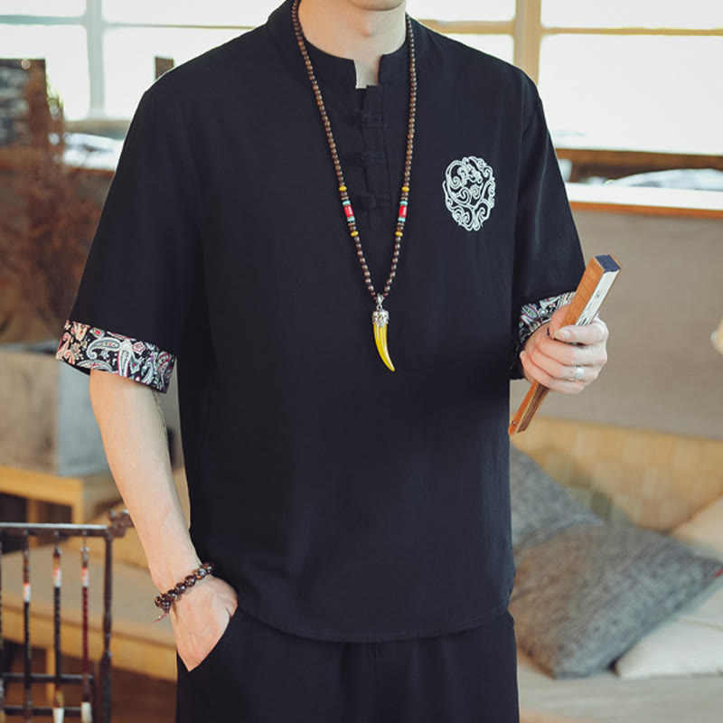 Nimara Ritual Frog-Button Dragon Embroidery Chinese Tang Suit Short Sleeve Shirt Men Clothing