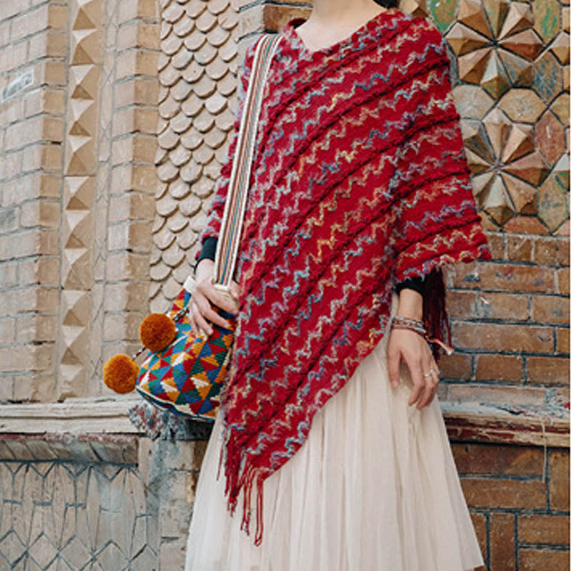 Nimara Ritual Tibetan Colorful Striped Shawl Tassels Pullover Winter Cozy Travel Scarf Wrap