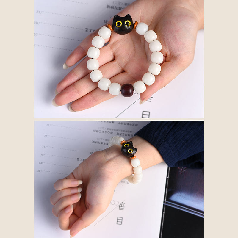 Nimara Ritual Natural Bodhi Seed Small Leaf Red Sandalwood Ebony Wood Cute Lucky Cat Wisdom Bracelet