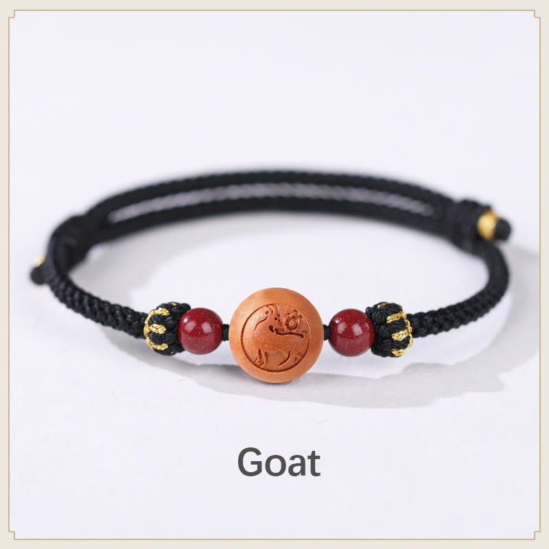 Nimara Ritual Natural Peach Wood Chinese Zodiac Fu Character Carved Cinnabar Wealth Bracelet