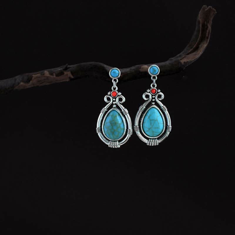 Nimara Ritual Tibet Vintage Turquoise Waterdrop Strength Drop Dangle Earrings Clips
