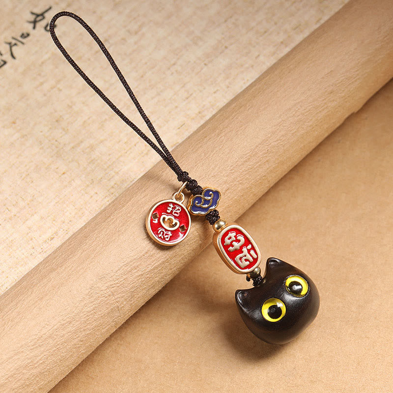 Nimara Ritual Ebony Wood Lucky Cat Auspicious Cloud Peace Key Chain Phone Hanging Decoration