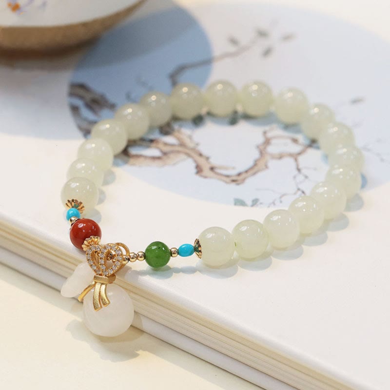 Nimara Ritual Natural Hetian White Jade 14K Gold Plated Money Bag Blessing Bracelet