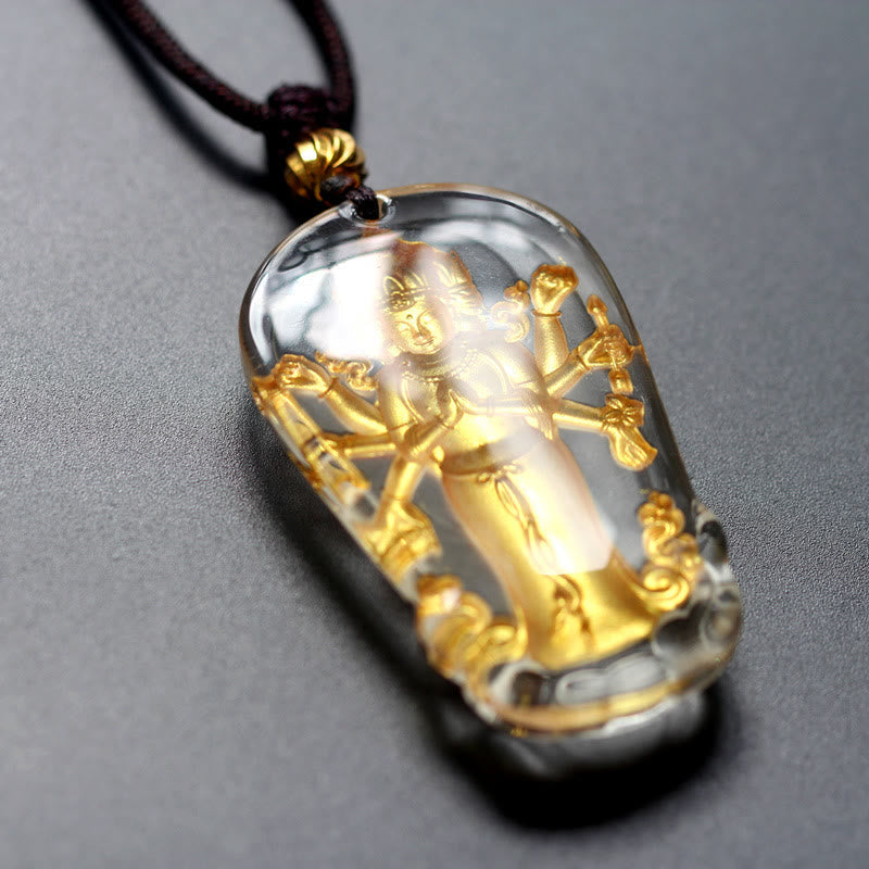 Nimara Ritual Tibetan Eight-armed Avalokitesvara Guanyin Buddha Gold Plated Liuli Crystal Wealth Necklace Pendant