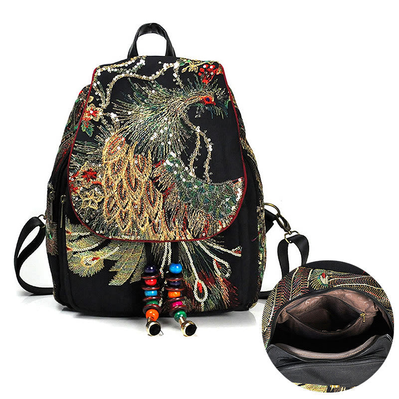 Nimara Ritual Peacock Embroidery Canvas Tassel Backpack