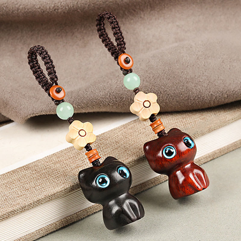 Nimara Ritual Mini Small Leaf Red Sandalwood Ebony Wood Lucky Cat Lovely Kitty Peace Key Chain Phone Hanging Decoration