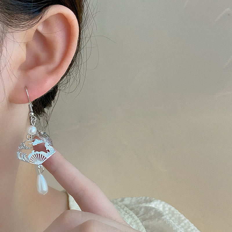 Nimara Ritual Copper Fan Auspicious Clouds Pearl Healing Drop Earrings