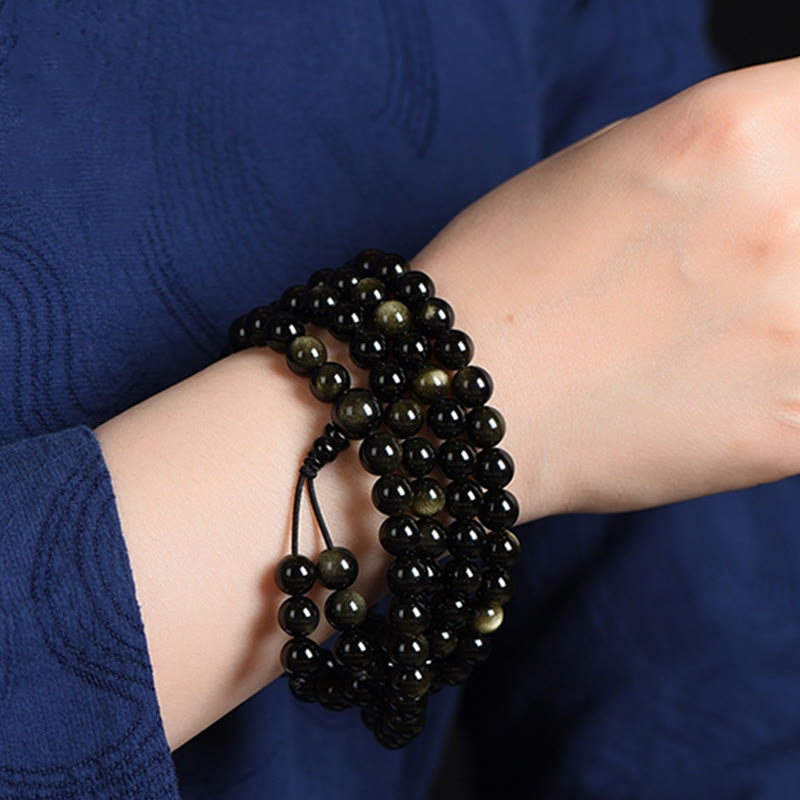 Nimara Ritual 108 Mala Beads Natural Gold Sheen Obsidian Wealth Bracelet