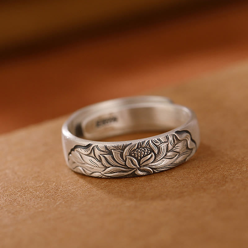 Nimara Ritual 999 Sterling Silver Lotus Flower Plum Blossom Auspicious Clouds Engraved Enlightenment Ring