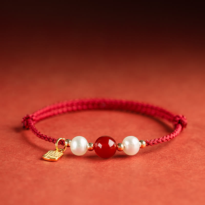 Nimara Ritual 925 Sterling Silver Good Fortune Fu Character Agate Pearl Red String Braid Bracelet
