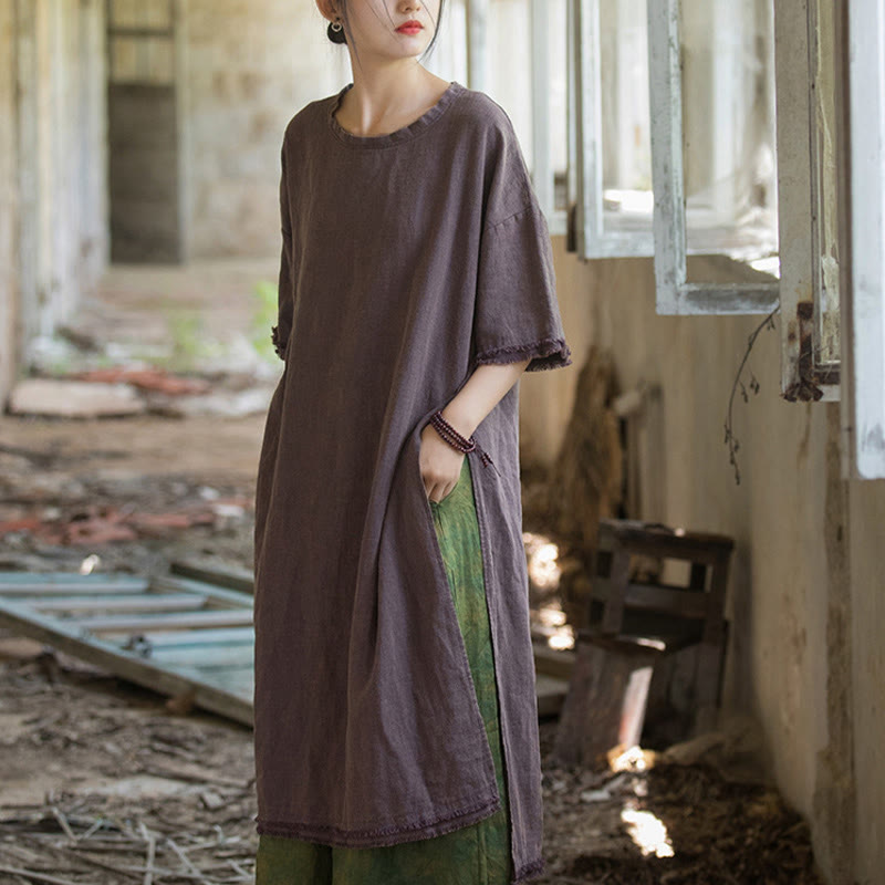 Nimara Ritual Ramie Linen Split Hem Top Women's Half Sleeve T-Shirts