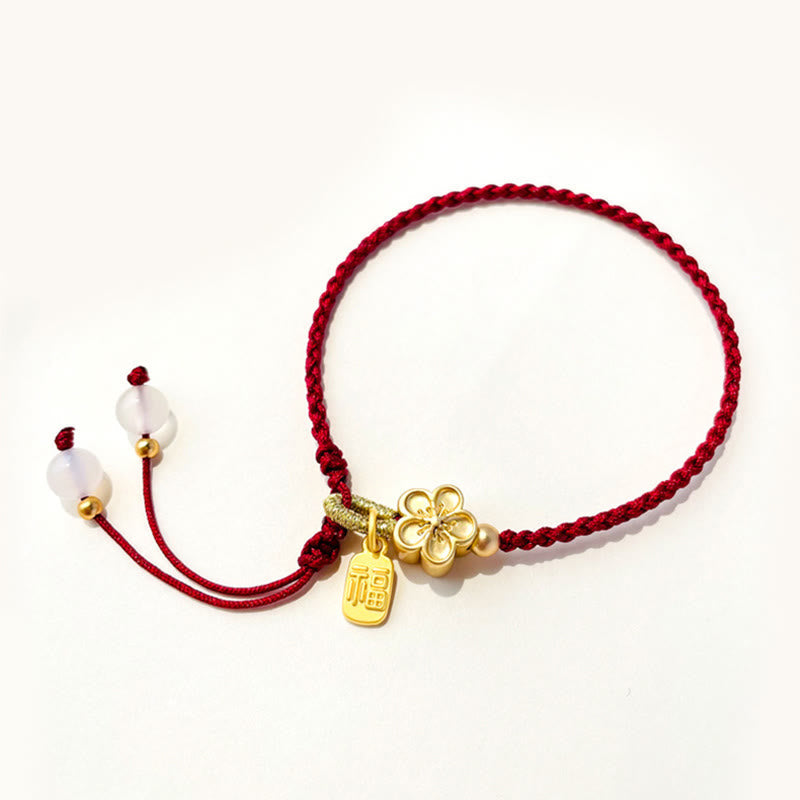 Nimara Ritual Handmade Peach Blossom Rosette Bow Knot Fu Character Charm Luck Fortune Red Rope Bracelet