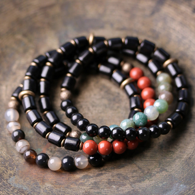 Nimara Ritual Ebony Wood Red Jasper Moss Agate Crystal Copper Peace Couple Bracelet