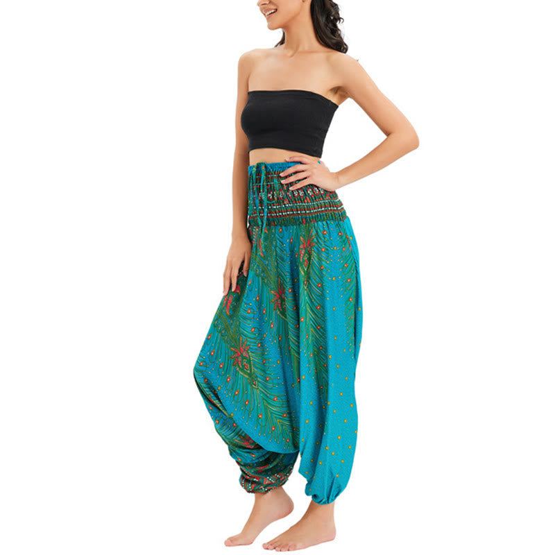 Nimara Ritual Two Style Wear Peacock Feather Loose Smocked Harem Trousers Jumpsuit High Waist Pants