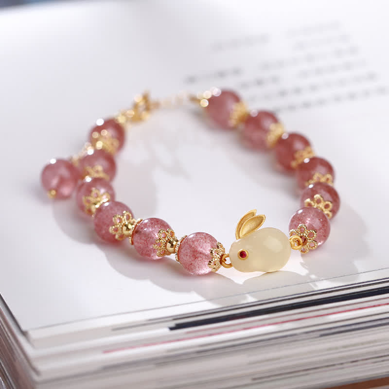 Nimara Ritual 925 Sterling Silver Strawberry Quartz Year of the Rabbit Hetian Jade Moonstone Healing Bracelet