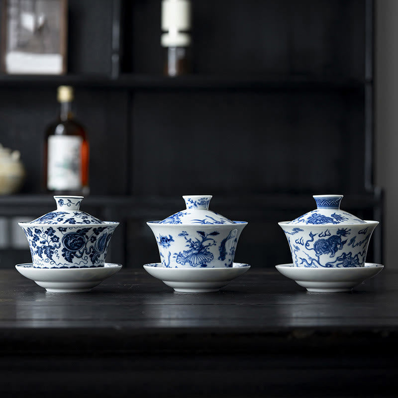 Nimara Ritual Blue And White Porcelain Lotus Koi Fish Lion Dance Watermelon Ceramic Gaiwan Sancai Teacup Kung Fu Tea Cup And Saucer With Lid 300ml