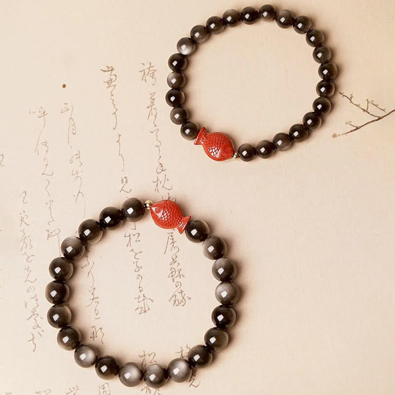 Nimara Ritual Natural Silver Sheen Obsidian Cinnabar Koi Fish Soothing Protection Bracelet