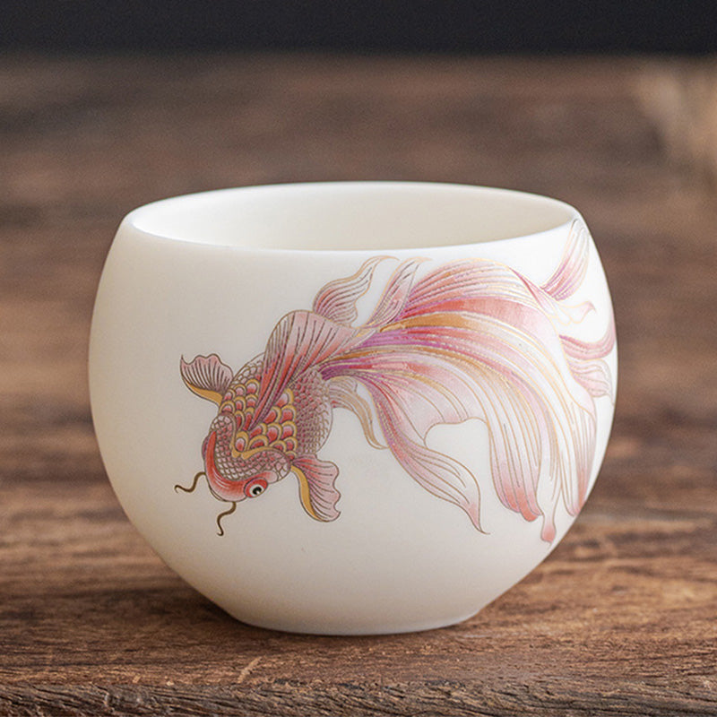Nimara Ritual Koi Fish White Porcelain Ceramic Teacup Kung Fu Tea Cup