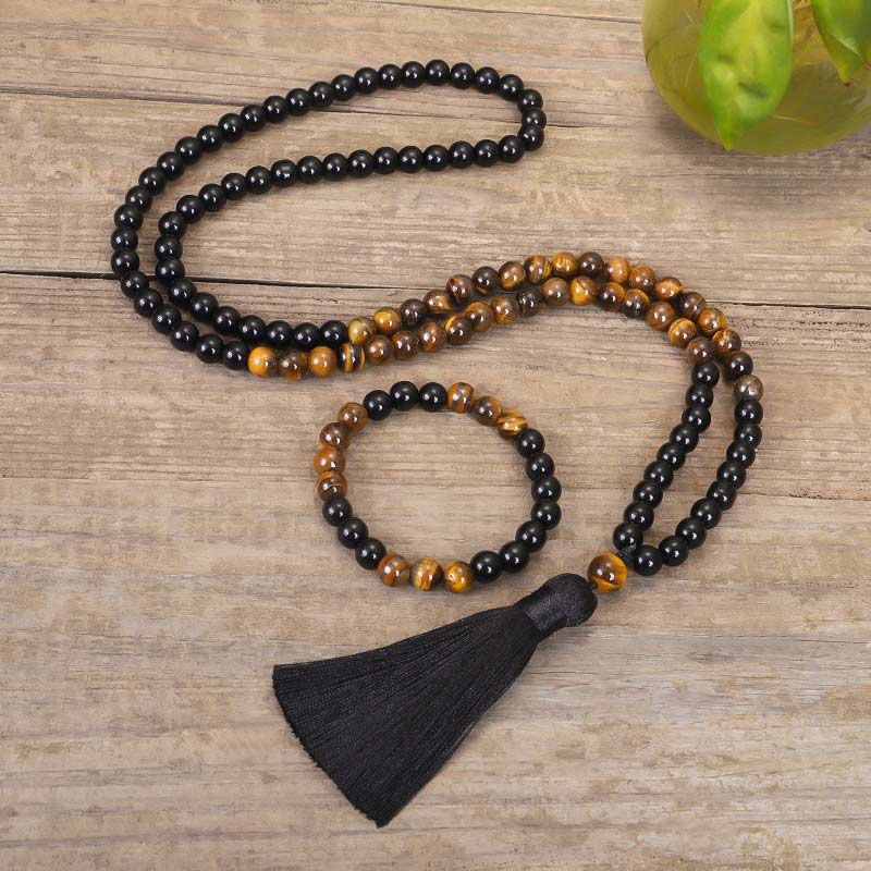 Nimara Ritual Tibetan Black Onyx Tiger Eye Protection Necklace Mala Set