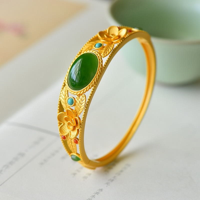 Nimara Ritual Cyan Jade White Jade Flower Leaf Harmony Luck Bracelet Bangle