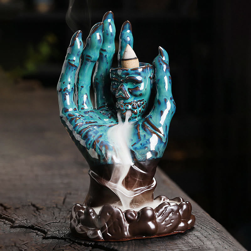 Nimara Ritual Halloween Ghost Hand Skull Head Ceramic Peace Healing Incense Burner Decoration