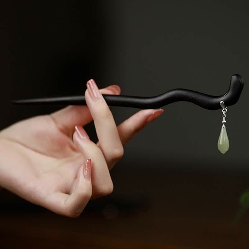 Nimara Ritual 925 Sterling Silver Natural Hetian Jade Ebony Wood Luck Charm Hairpin