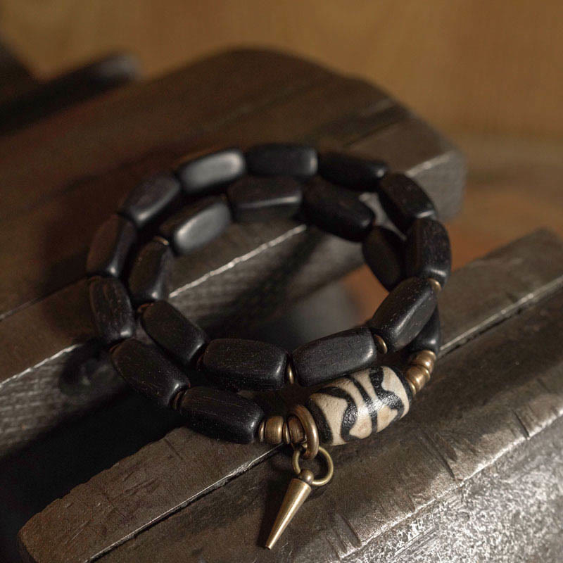 Nimara Ritual Tibet Ebony Wood Dzi Bead Copper Balance Double Wrap Bracelet