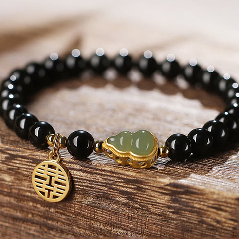 Nimara Ritual Natural Black Obsidian Hetian Jade Gourd Double Happiness Strength Bracelet