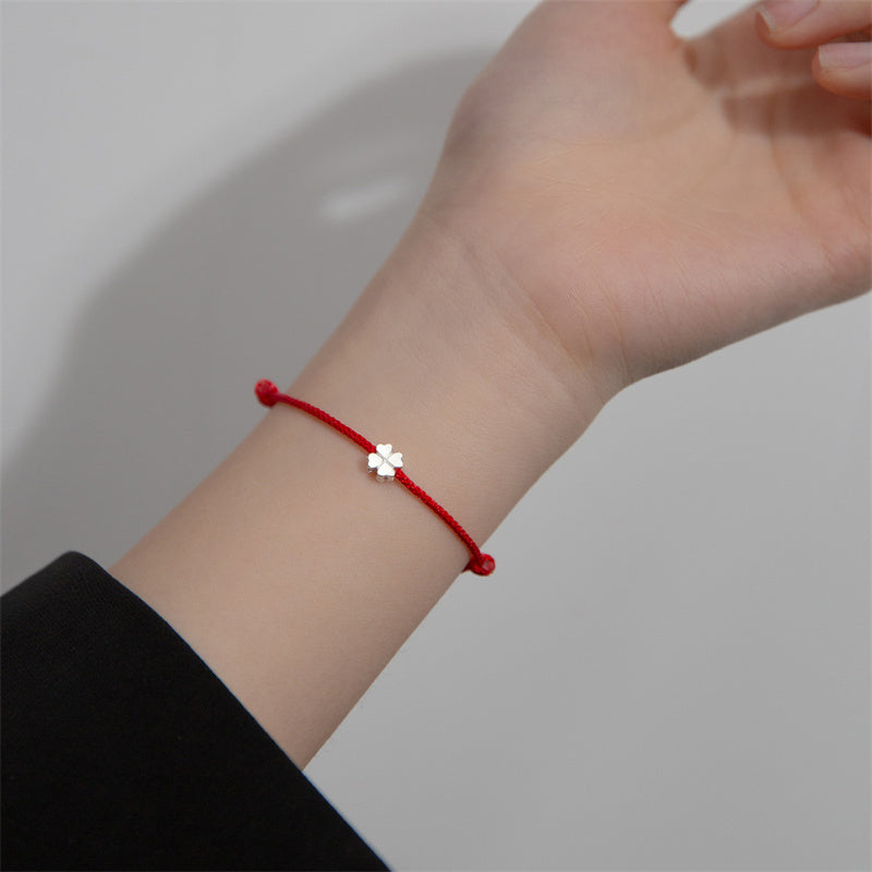 Nimara Ritual 925 Sterling Silver Four Leaf Clover Red Rope Bracelet