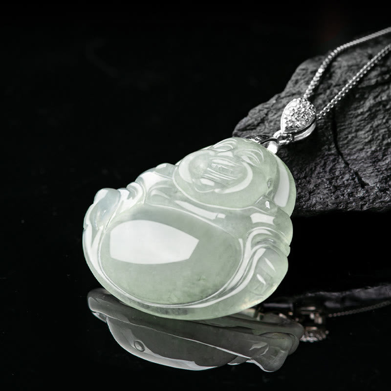 Nimara Ritual Natural Jade Laughing Buddha Prosperity Abundance Titanium Steel Chain Necklace Pendant