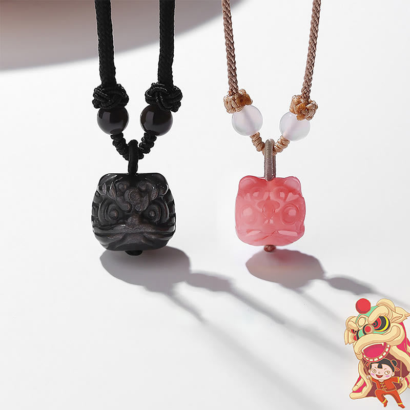 Nimara Ritual Natural Silver Sheen Obsidian Red Agate Dancing Lion Protection Necklace Pendant