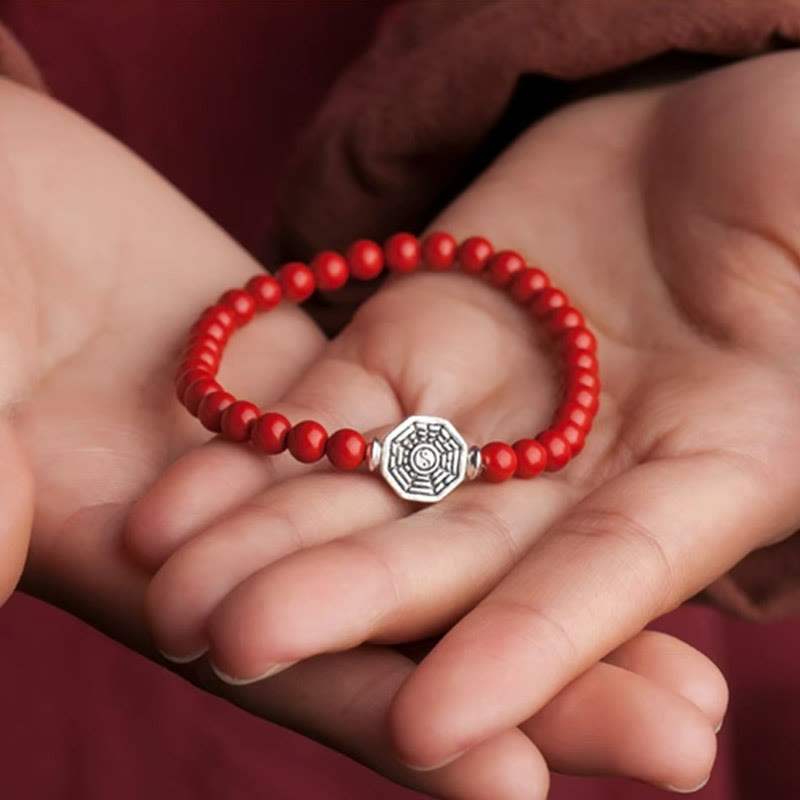 Nimara Ritual 925 Sterling Silver Yin Yang Bagua Symbol Cinnabar String Concentration Bracelet