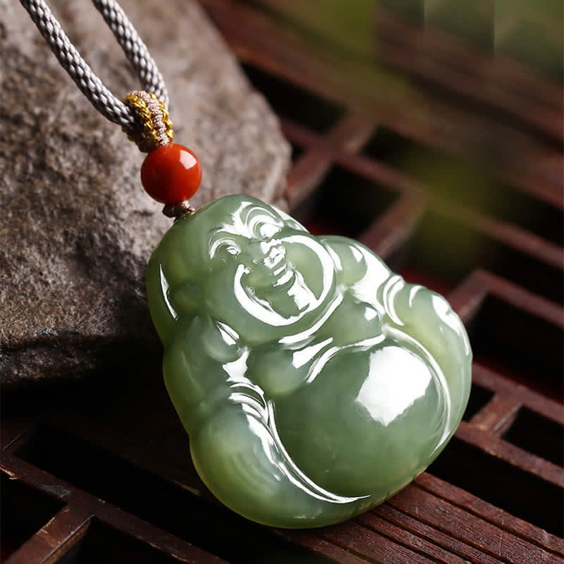 Nimara Ritual Laughing Buddha Hetian Jade Abundance Necklace String Pendant