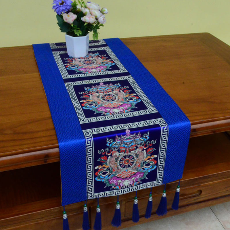 Nimara Ritual Prayer Altar Mat Man-Bcu Kalachakra Endless Knot Vajra Tibetan Auspicious Symbols Tassels Table Runner