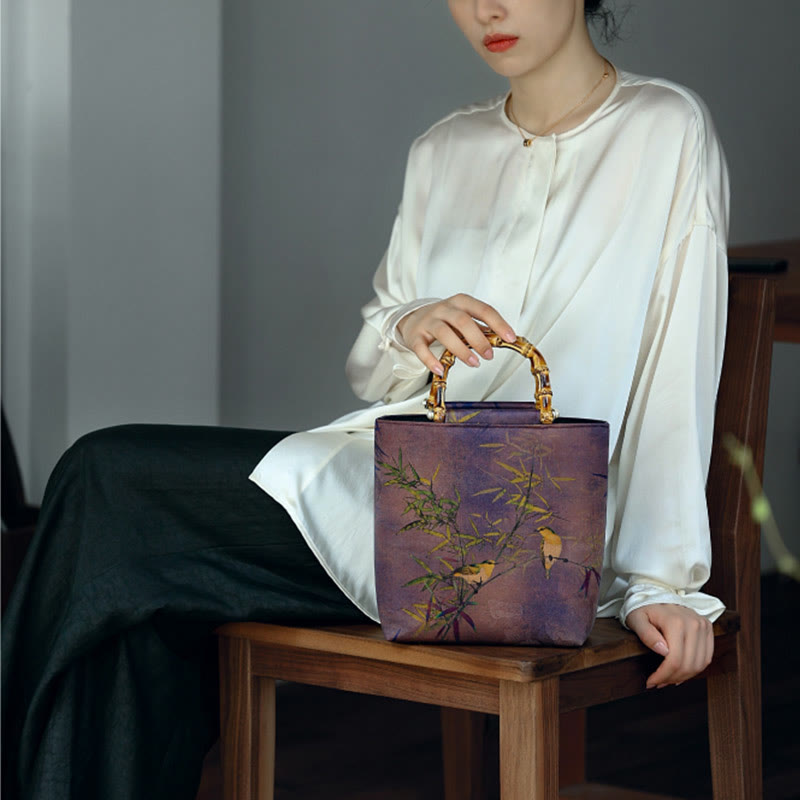 Nimara Ritual Purple Magpie Birds Branches Bamboo Handles Handbag