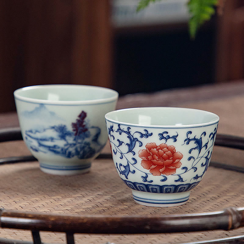 Nimara Ritual Blue Landscape Mountains Lotus Cute Cat Pavilions Magnolia Reed Egrets Ceramic Teacup Small Kung Fu Tea Cup