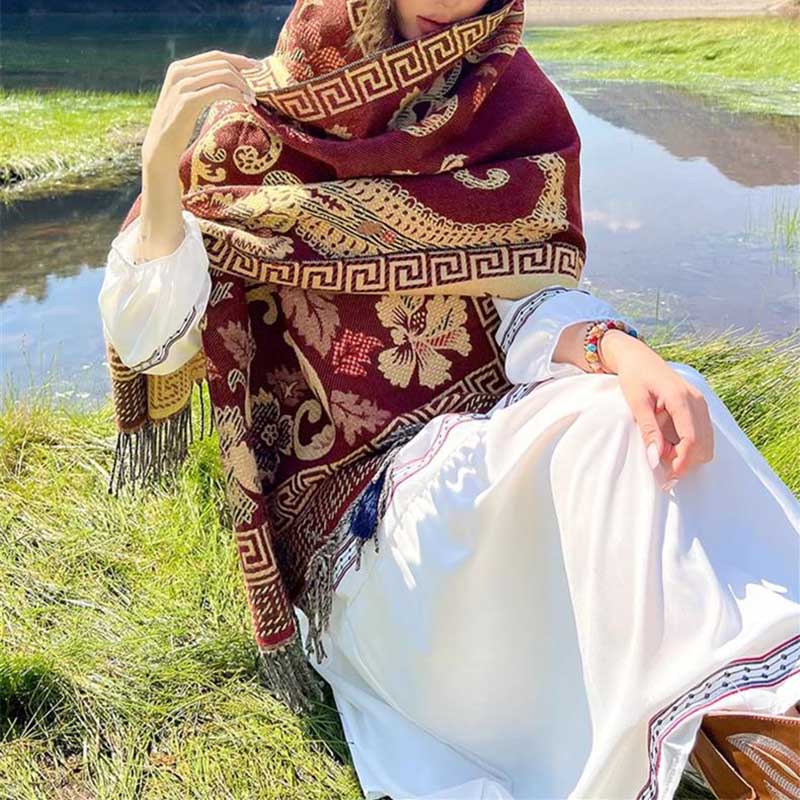 Nimara Ritual Tibetan Flowers Leaves Pattern Design Shawl Cozy Travel Scarf Wrap