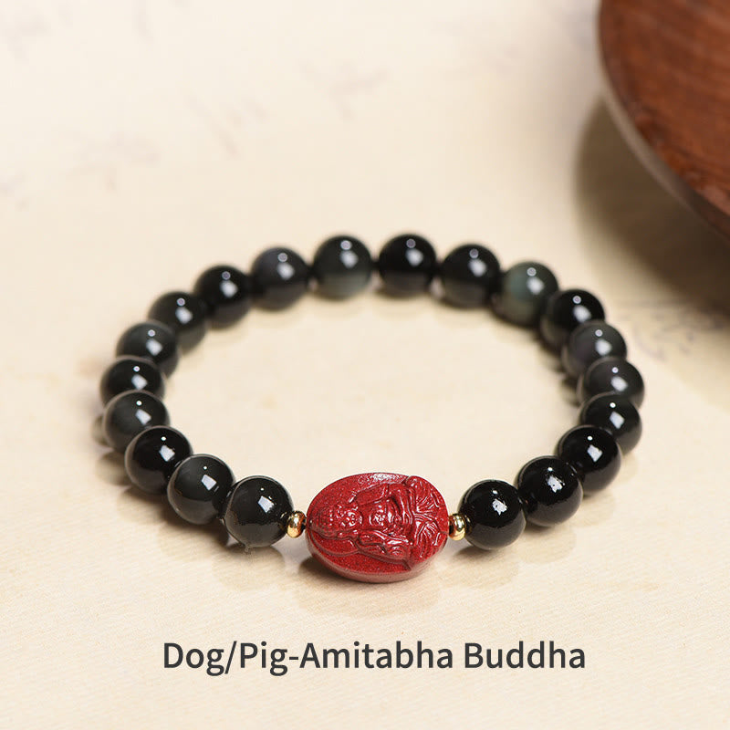 Nimara Ritual Chinese Zodiac Natal Buddha Natural Black Obsidian Cinnabar Purification Bracelet