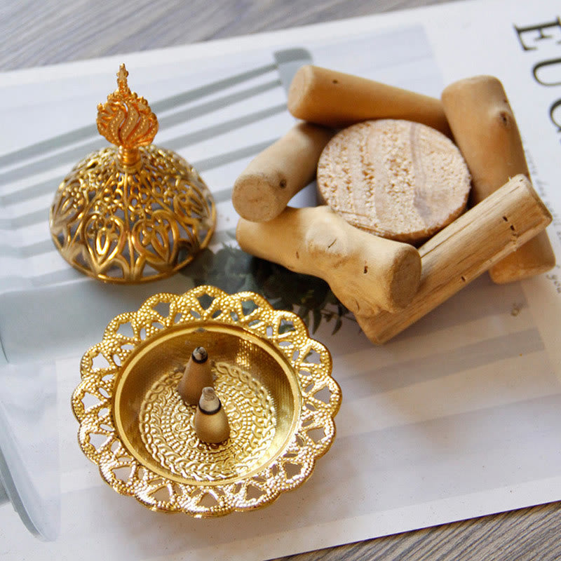 Nimara Ritual Gold Alloy Healing Mini Incense Burner With Wooden Coaster Home Decor